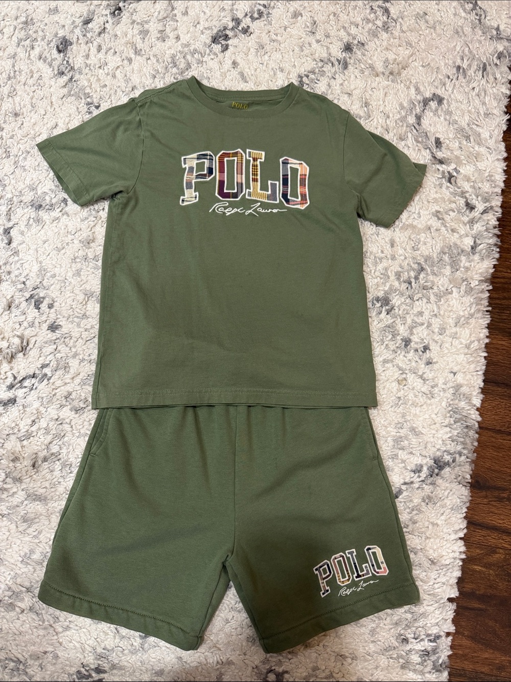 Polo by Ralph Lauren Olive Green Kids Two-Piece Matching Set with Plaid Logo